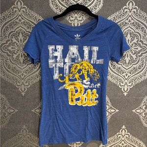 Adidas Hail to PITT Blue Graphic Tee with White and Yellow Design